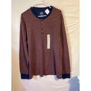 2327 NWT St Johns Bay Men Double Knit Henley Long Sleeve Large Blue Brown Stripe